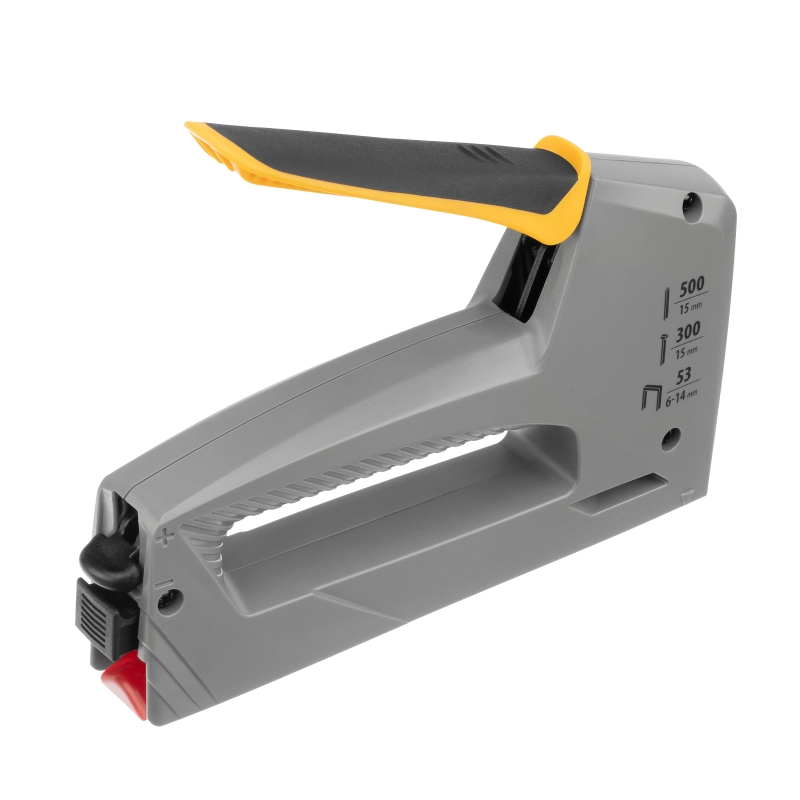 Степлер мебельный, пластиковый корпус, тип 53, 6-14 мм, тип 300, 15 мм, тип 500, 15 мм Denzel (40213)
