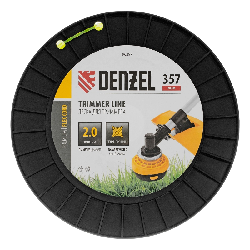 Леска для триммера витой квадрат, 2,0мм х 357м, на DIN катушке FLEX CORD Denzel (96297)