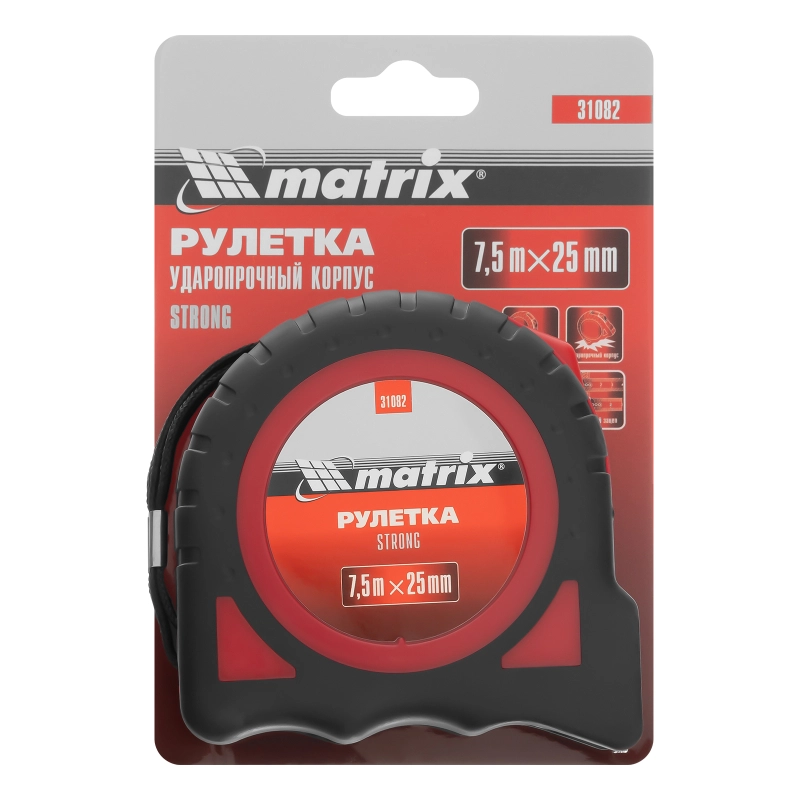 Рулетка Strong,7,5 м х 25 мм,обрезиненный корпус Matrix (31082)