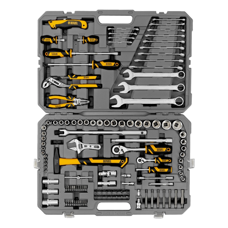Набор инструментов, 1/2", 1/4", CrV, S2, пластиковый кейс, 122 предмета Denzel (15804)