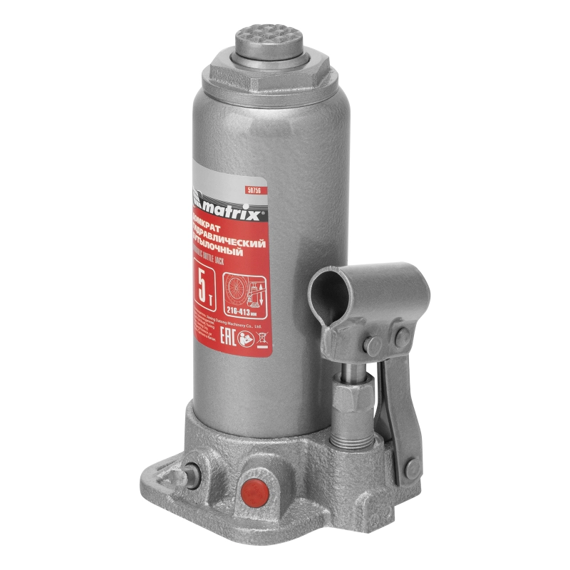 Домкрат гидравлический бутылочный, 5 т, высота подъема 216-413 мм, в пластиковый кейсе Matrix (50756)