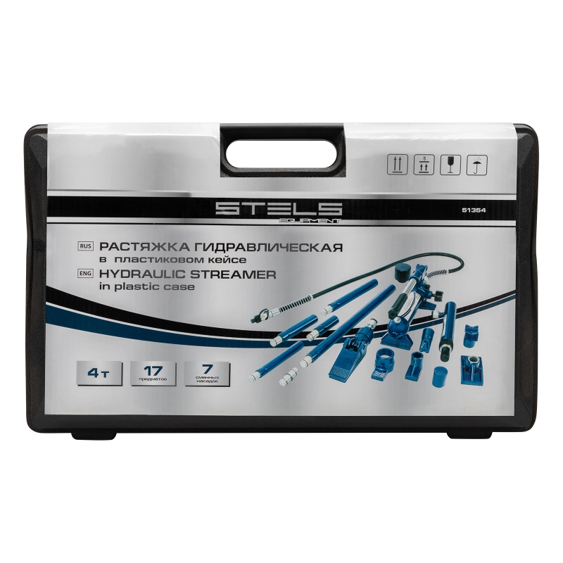 Растяжка гидравлическая, 4 т, набор из 17 предметов, 7 сменных насадок, в пластиковом кейсе Stels (51354)