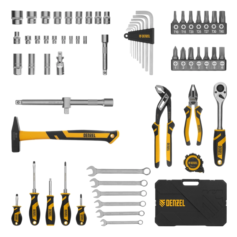 Набор инструментов, 1/2", 1/4", CrV, S2, пластиковый кейс, 64 предмета Denzel (15801)