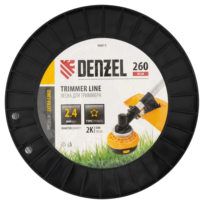 Леска для триммера двухкомпонентная звезда, 2,4мм х 260м, на DIN катушке EXTRA CORD Denzel (96813)