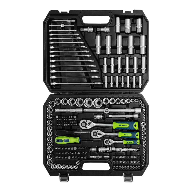 Набор инструментов, 1/2", 3/8", 1/4", пластиковый кейс 215 предм. Сибртех (14170)