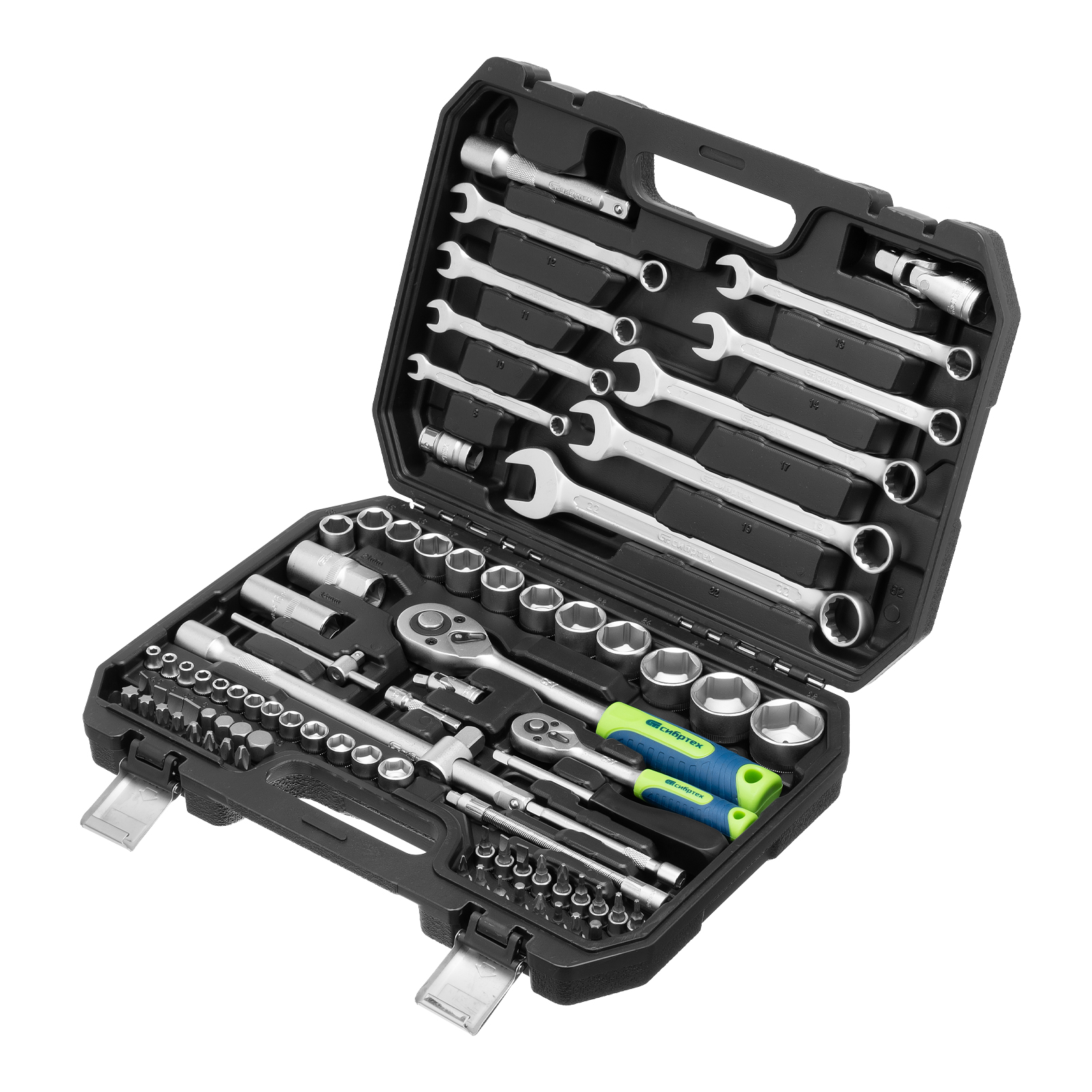 Набор инструментов, 1/2", 1/4", пластиковый кейс, 82 предмета Сибртех (13391)