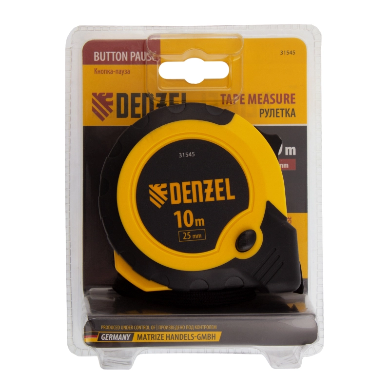 Рулетка 10м х 25мм, двухкомп. корпус, кнопка-пауза Denzel (31545)