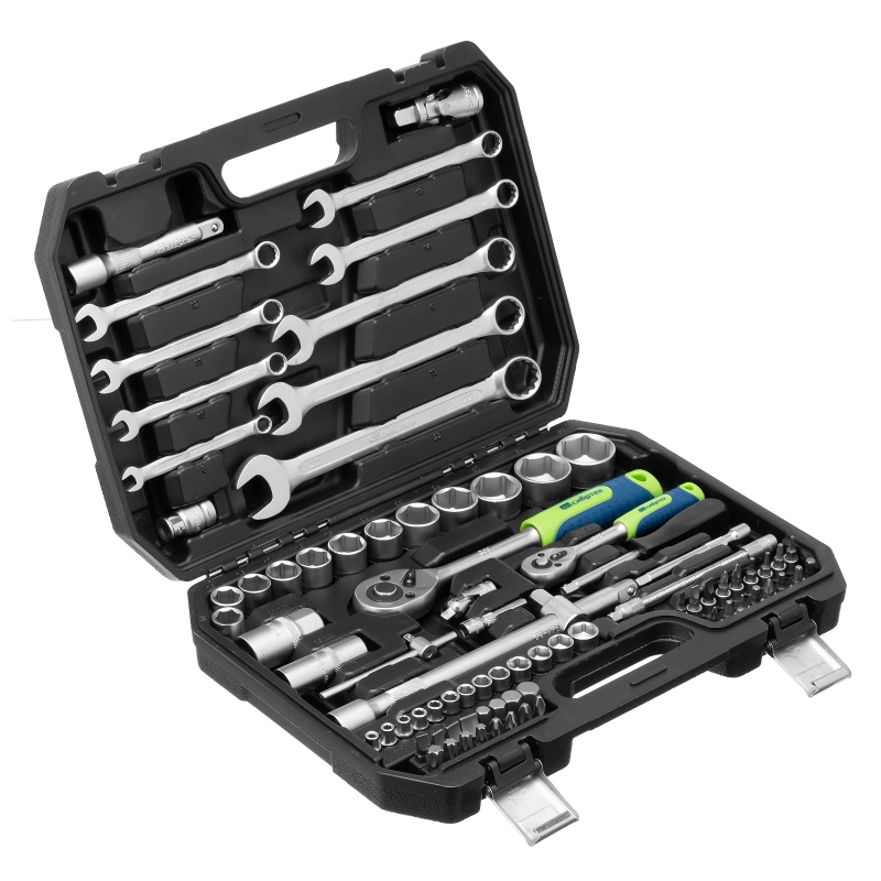 Набор инструментов, 1/2", 1/4", пластиковый кейс, 82 предмета Сибртех (13391)