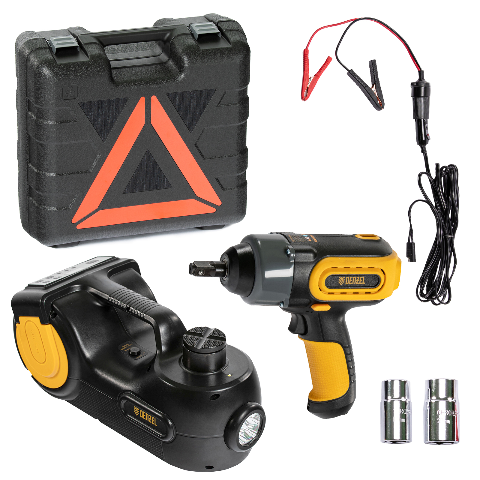 Домкрат электрогидравлический «3 в 1» (1,5 т), 12В, с гайковертом электрическим, в наборе  Denzel (51190)