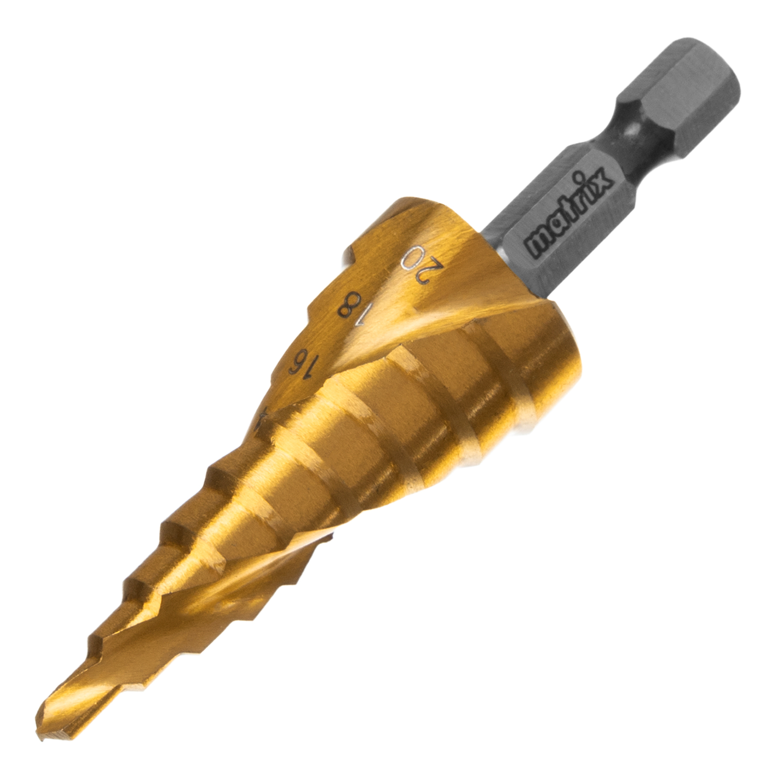 Сверло ступенчатое, 4-6-8-10-12-14-16-18-20 мм, HSS, спиральный профиль, шестигранный хвостовик Matrix (72356)