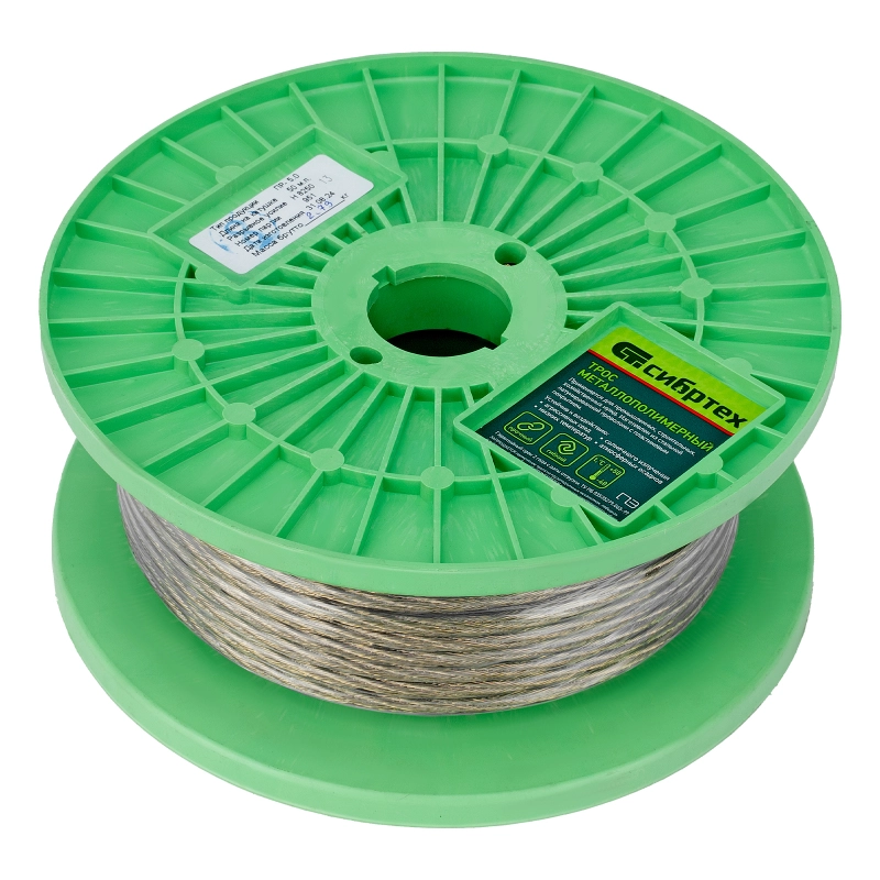 Трос металлополимерный прозрачный ПР-5.0, толщина 4.0 мм, катушка 50 метров Сибртех (47639)
