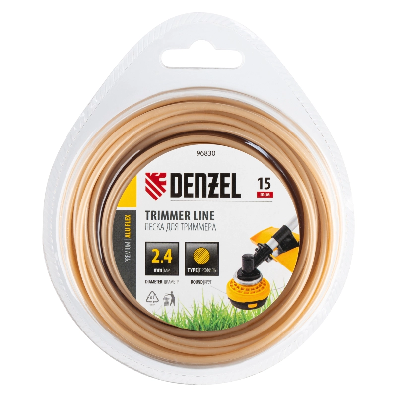 Леска для триммера армированная алюминием круглая, 2,4мм х 15м, блистер ALUFLEX Denzel (96830)