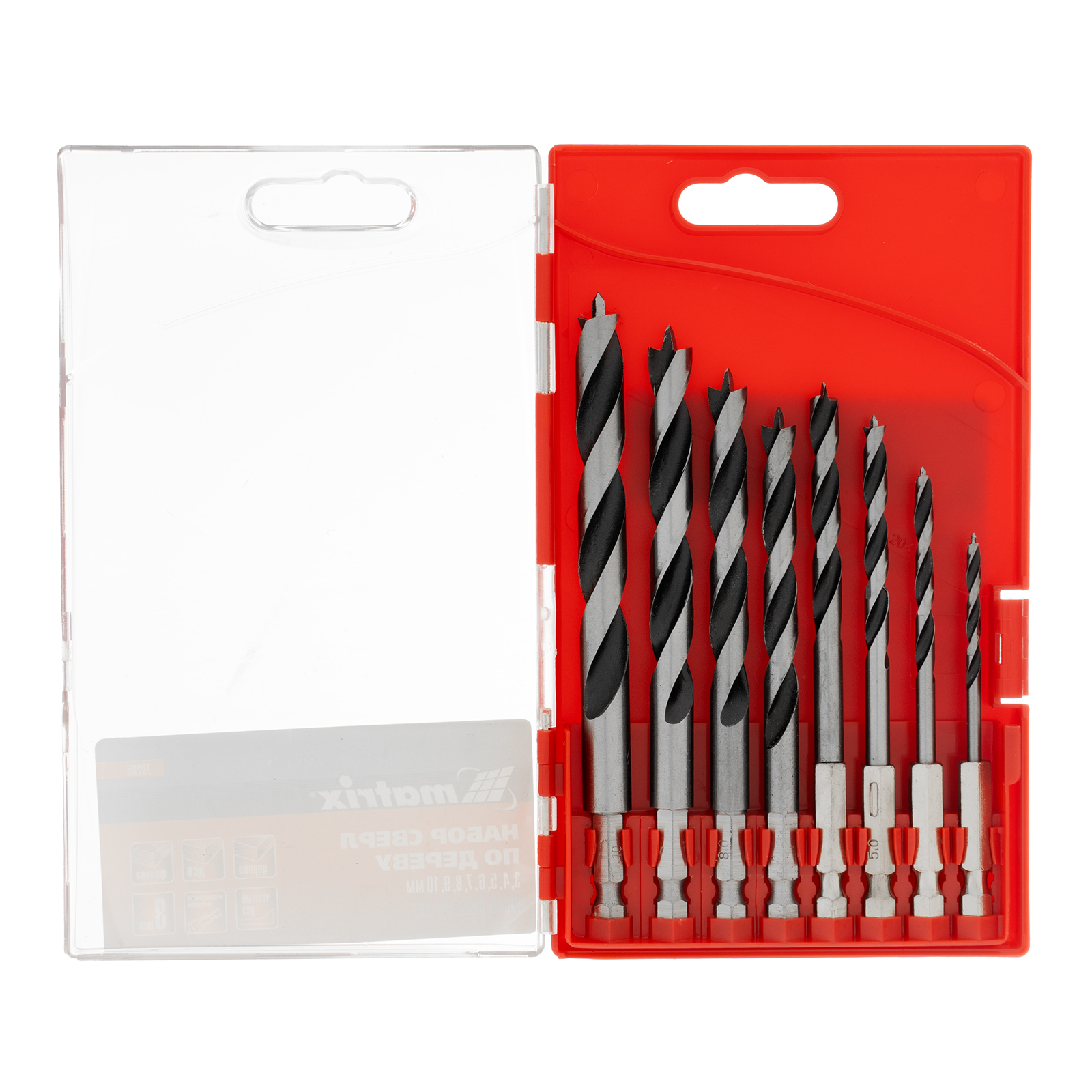 Набор сверл по дереву, 3-4-5-6-7-8-9-10 мм, 8 шт, шестигранный хвостовик, пластиковый кейс, Matrix (70285)