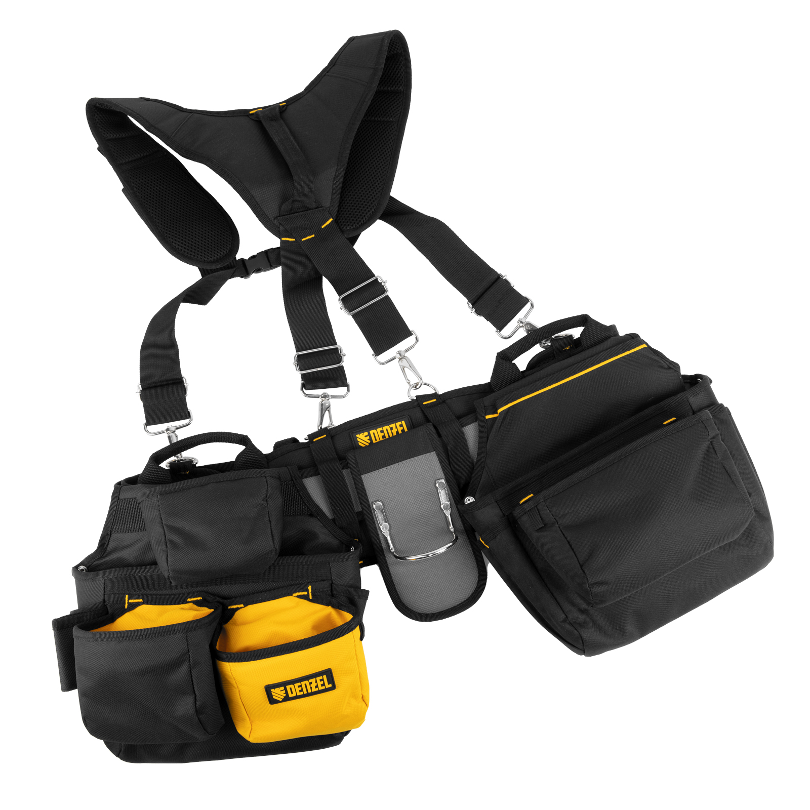 Пояс монтажника усиленный, с лямками, сумки поясные, держатель для молотка Denzel (90290)