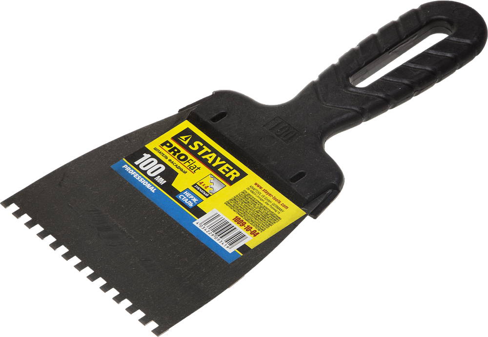 STAYER PROFlat, 100 мм, зуб 4 х 4 мм, пластиковая ручка, зубчатый, нержавеющий фасадный шпатель, Professional (1009-10-04)