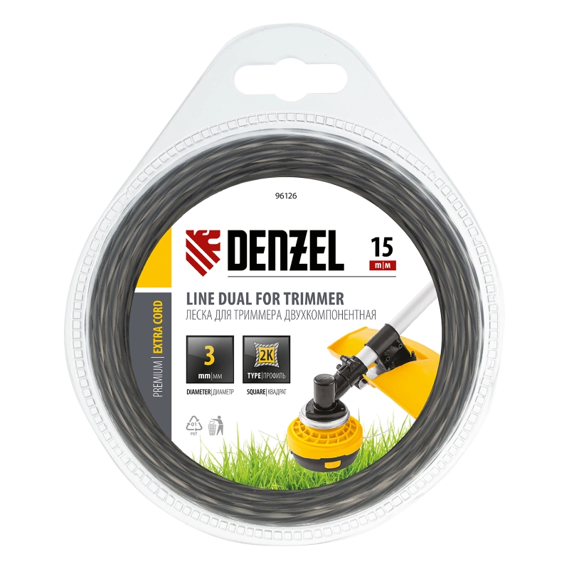 Леска для триммера двухкомпонентная, квадратная 3 мм x 15 м Extra cord Denzel (96126)