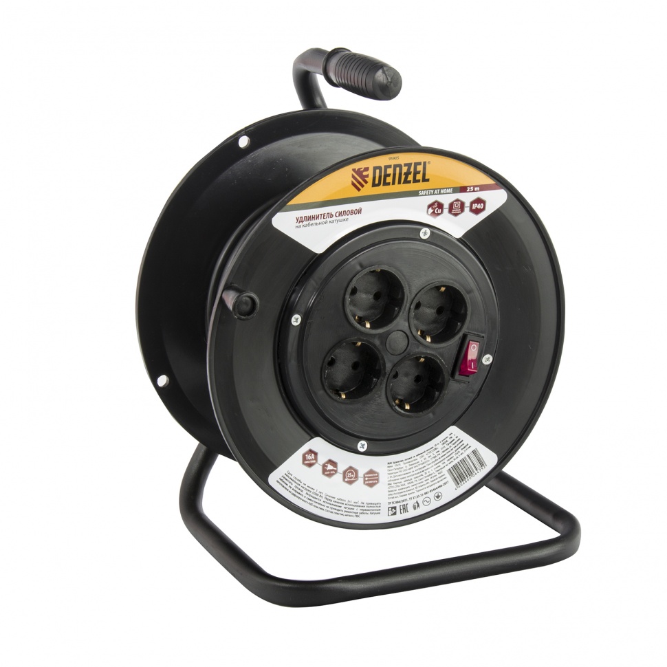 Удлинитель силовой на кабельной катушке, 25 м, 4 розетки, 16 А, серия УХз16 Denzel (95905)