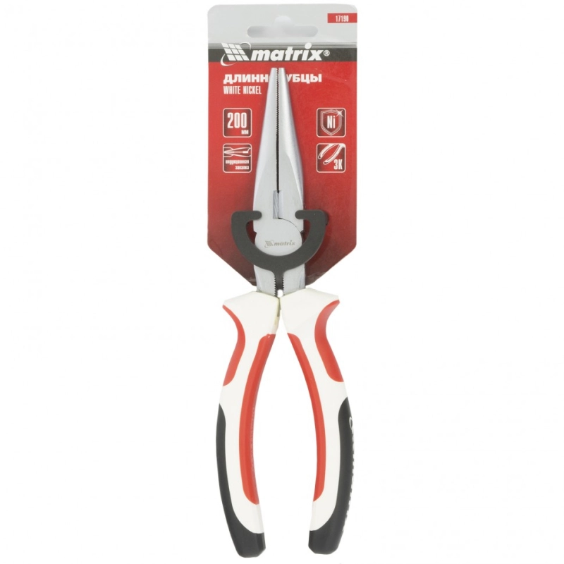 Длинногубцы прямые, WHite Nickel, 200 мм, никелированные, трехкомпонентные рукоятки Matrix (17190)