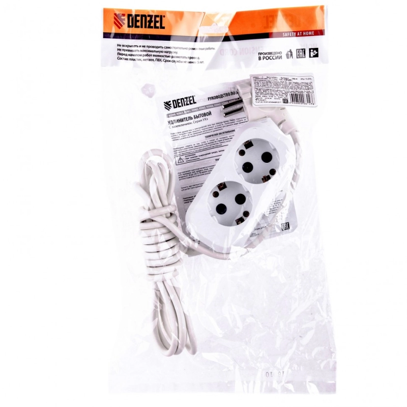 Удлинитель бытовой, серия УХз-10-203, с заземлением, 3 м, 2 розетки, 10 А Denzel (95961)