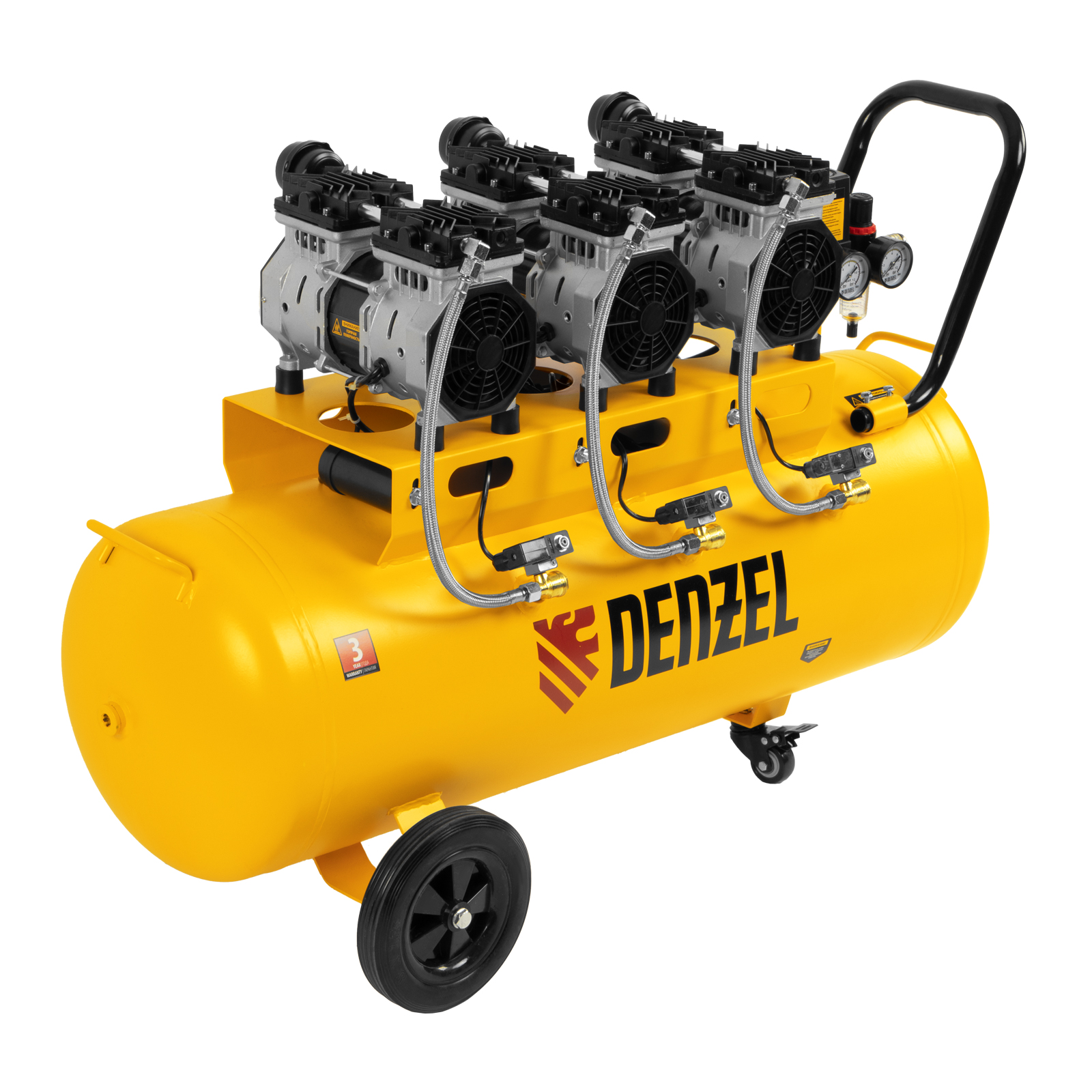 Компрессор безмасляный, малошумный DLS 1800/100,1800 Вт, 3x600, 100 л, 345 л/мин Denzel (58028)