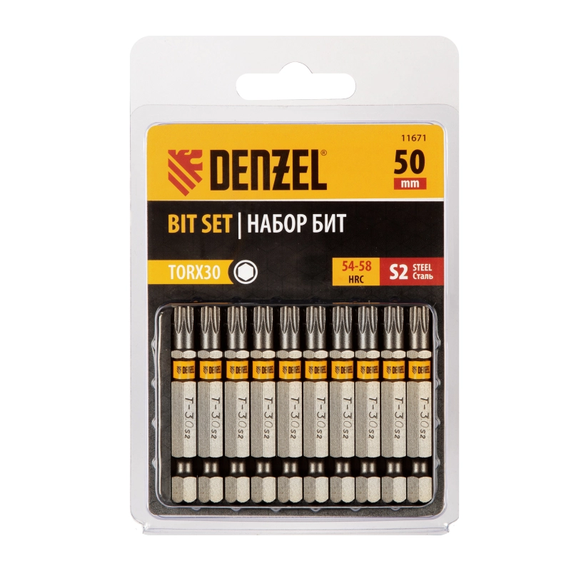 Бита TX 30х50, сталь S2, шестигранный профиль, 10 шт. Е 6,3 Denzel (11671)