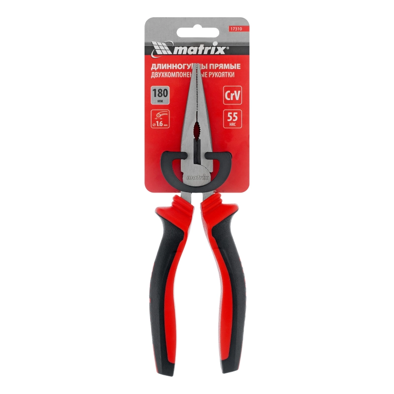 Длинногубцы прямые, 180 мм, хром-ванадий, двухкомпонентные рукоятки Matrix (17310)