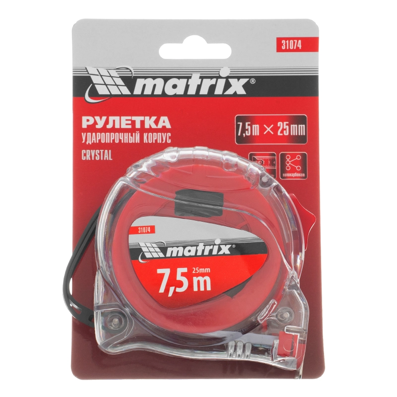 Рулетка Crystal,7,5 м х 25 мм,корпус из поликарбоната Matrix (31074)
