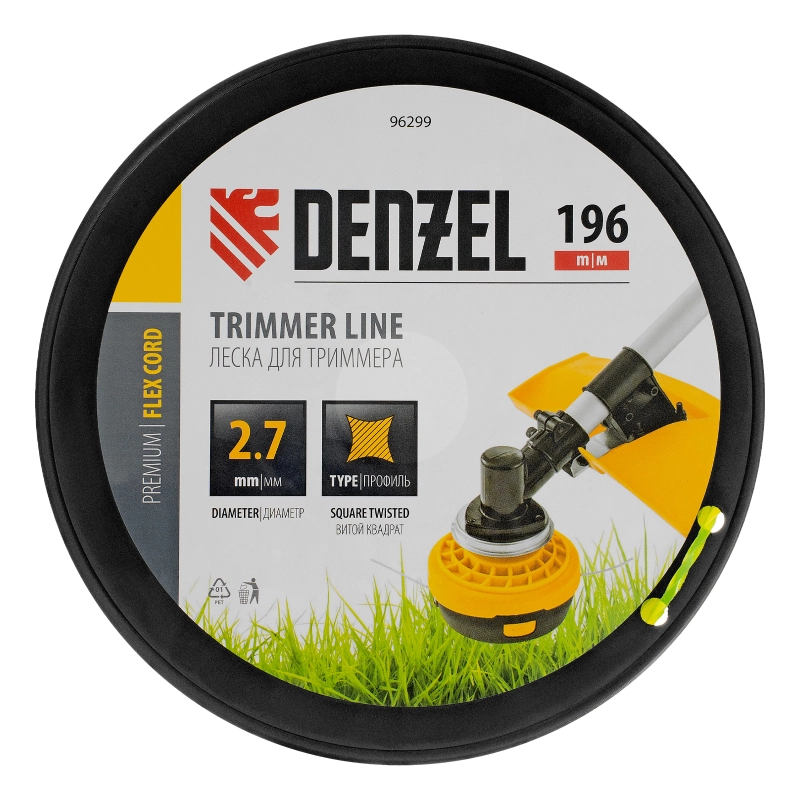 Леска для триммера витой квадрат, 2,7мм х 196м, на DIN катушке FLEX CORD Denzel (96299)