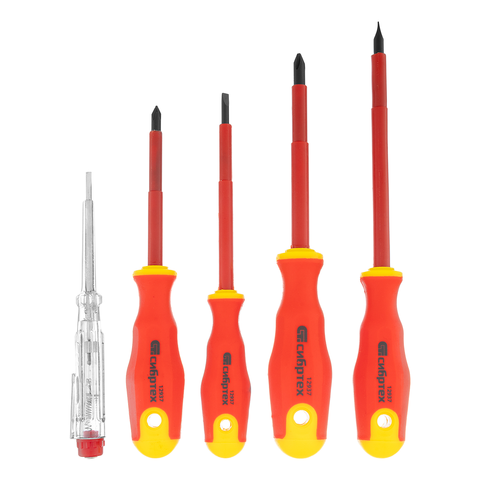 Набор отверток диэлектрических до 1000 В, 5 шт, тестер, CrV, двухкомпонентные рукоятки Сибртех (12937)