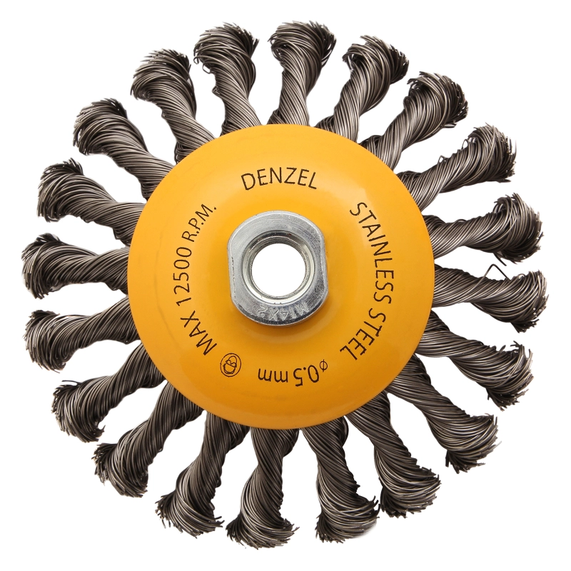 Щетка для УШМ, 125 мм, "Тарелка", крученая нержавеющая проволока 0.5 мм, М14 Denzel (746113)
