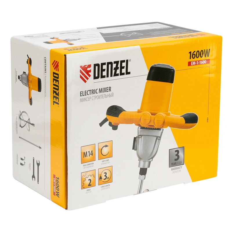 Миксер строительный EM-1-1600, 1600 Вт, 180-460/300-750 об/мин Denzel (27904)