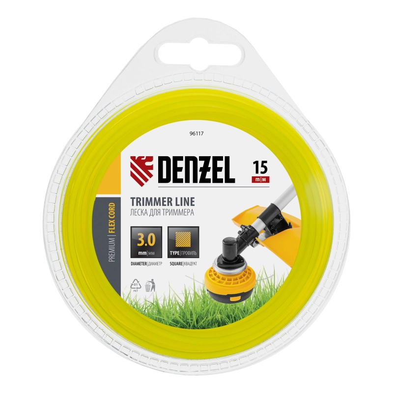 Леска для триммера, квадрат 3 мм х 15 м, блистер Flex cord Denzel (96117)