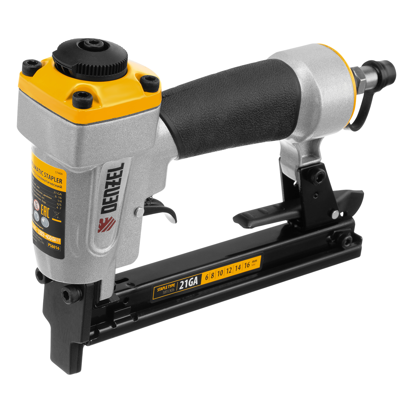 Степлер пневматический PS8016 для прямоугольных скоб 21GA от 6 до 16 мм Denzel (57400)
