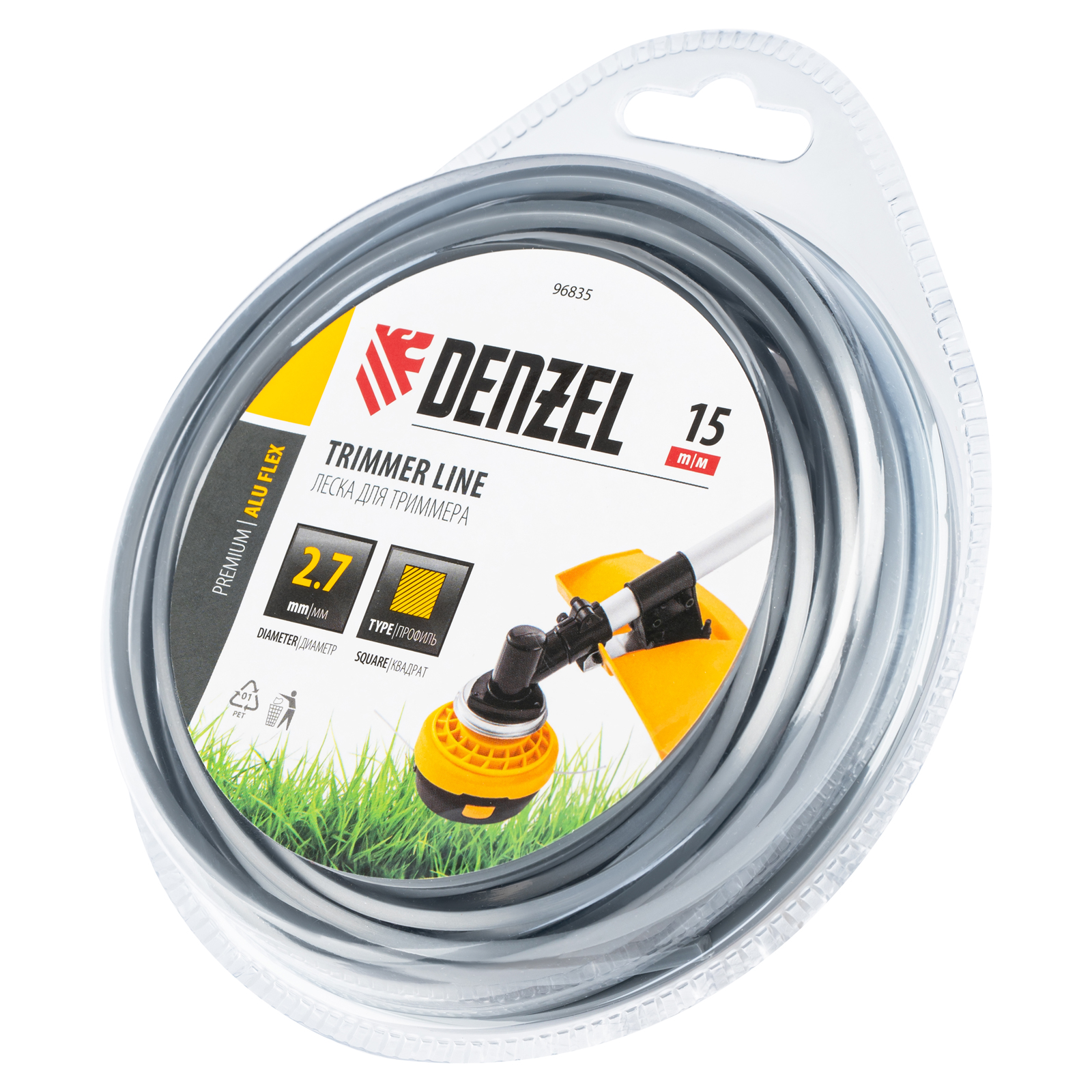 Леска для триммера армированная алюминием квадратная, 2,7мм х 15м, блистер ALUFLEX Denzel (96835)