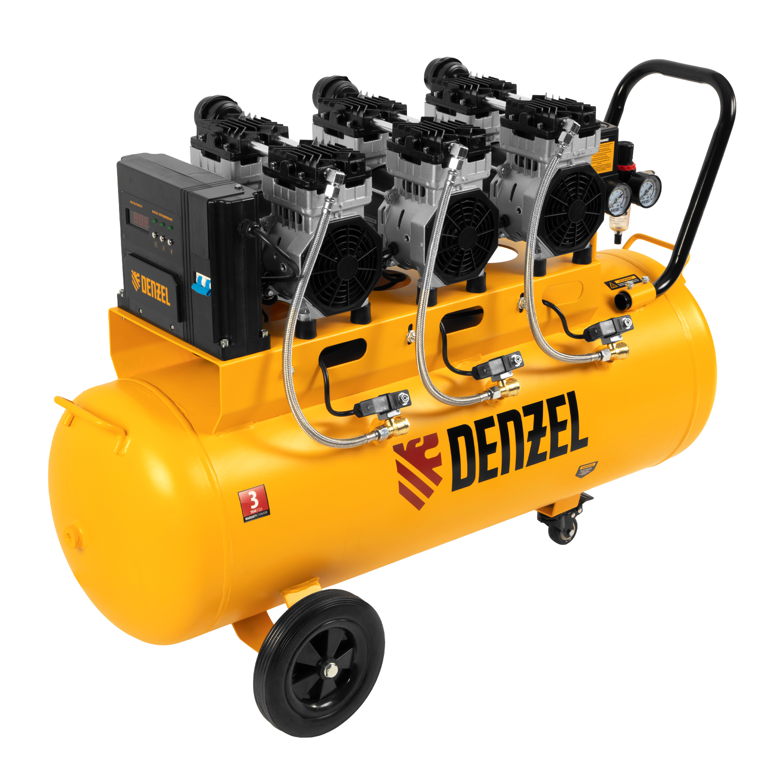Компрессор безмасляный, малошумный  DLS 2250/100, 2250 Вт, 3x750, 100 л, 410 л/мин блок управления/ Denzel (58029)
