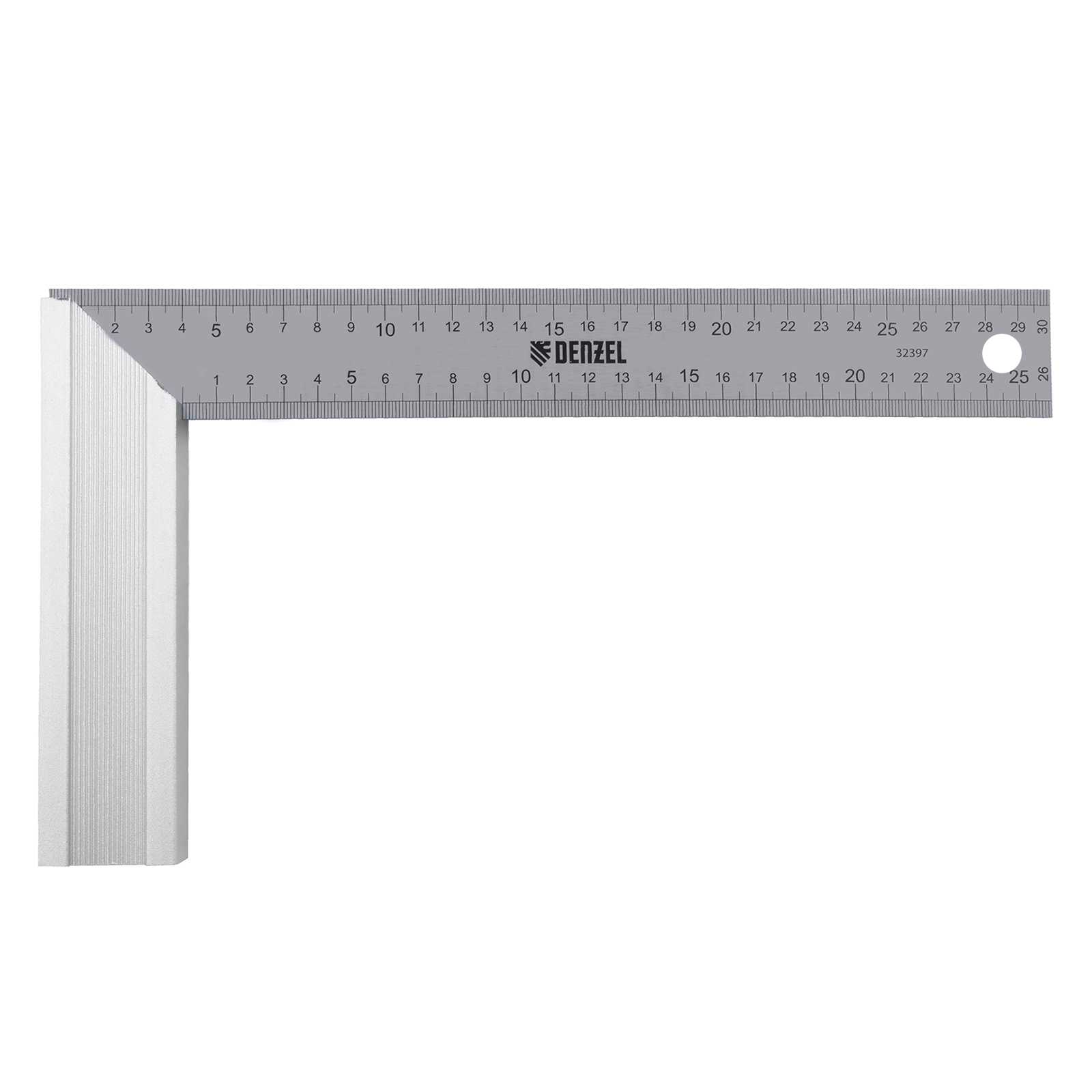 Угольник стальной 300 мм, нержавеющая сталь, градуировка, алюминиевое основание Denzel (32397)