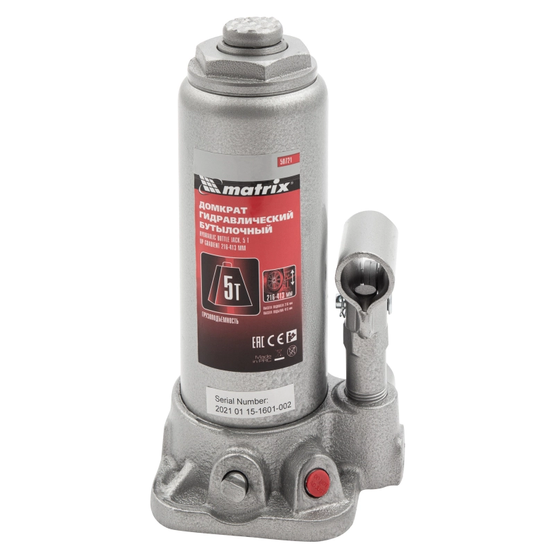 Домкрат гидравлический бутылочный, 5 т, высота подъема 216-413 мм Matrix (50721)