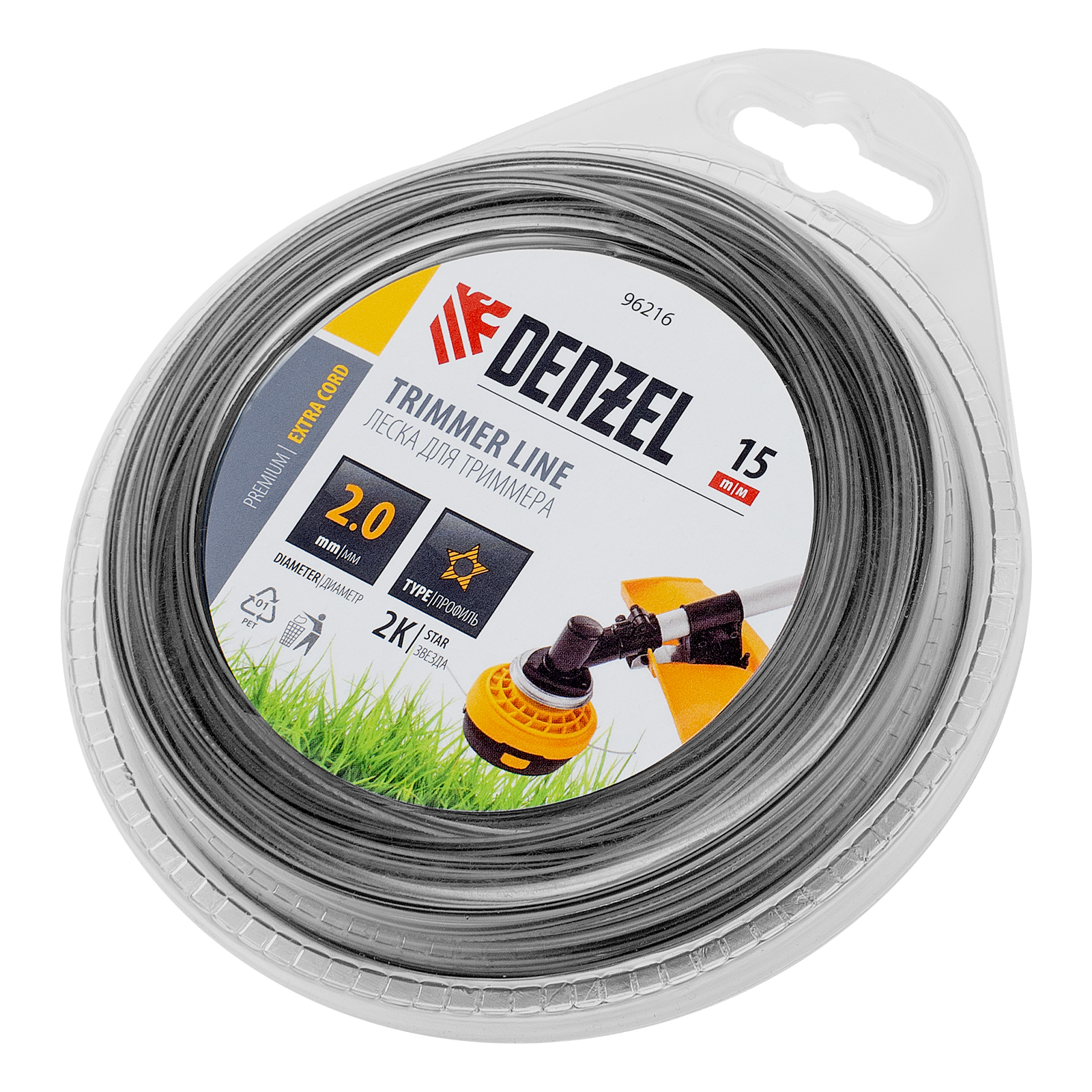 Леска для триммера двухкомпонентная звезда, 2,0мм х 15м,  FLEX CORD, DENZEL (96216)