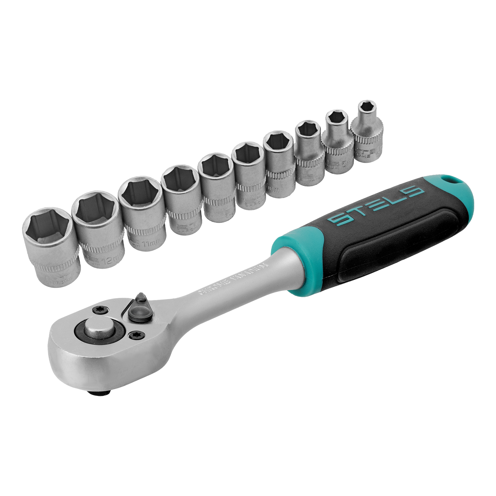 Набор торцевых головок, 1/4", головки 4 - 13 мм, с трещот. ключом, CrV,11 предметов Stels (14125)