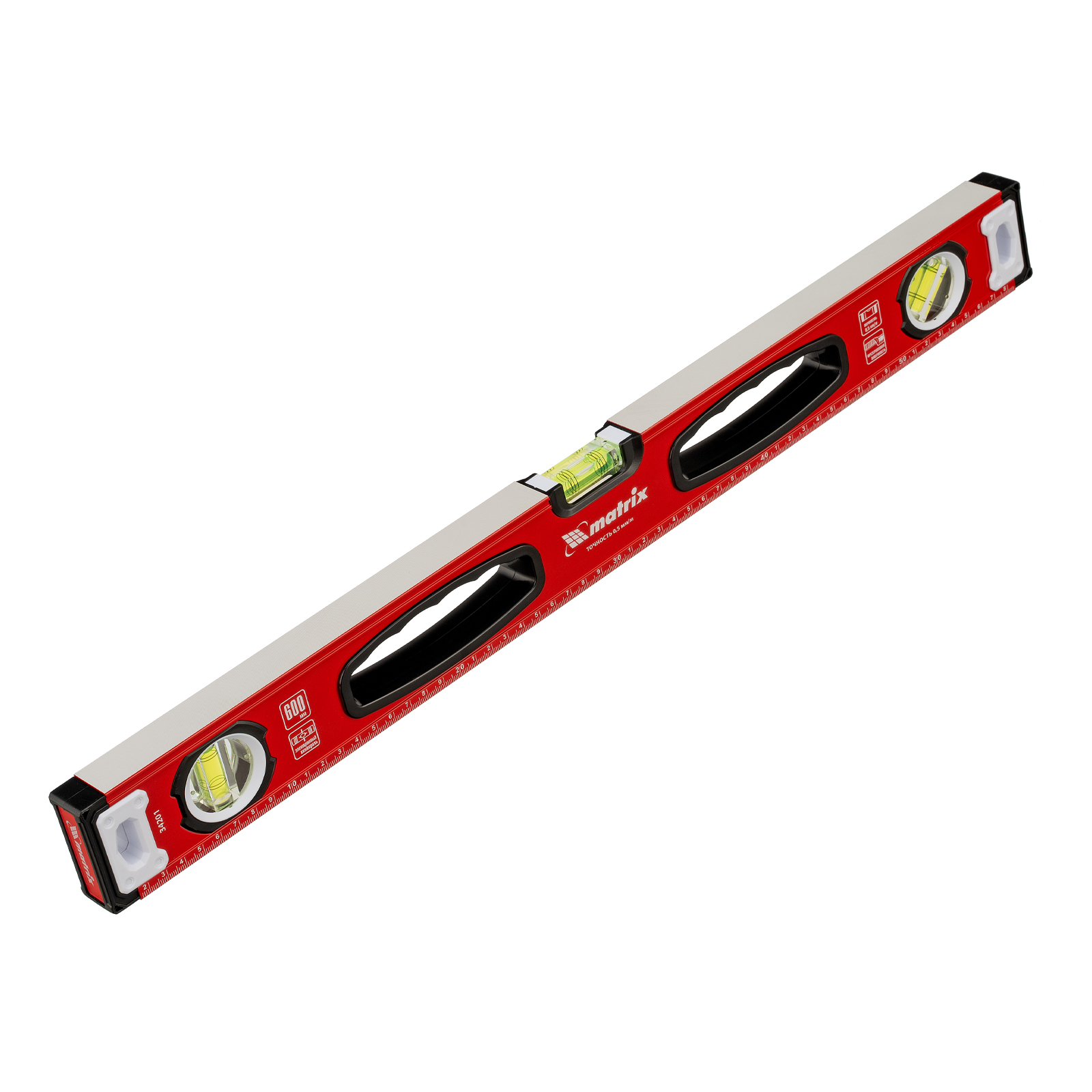 Уровень алюминиевый, фрезерованный, 3 глазка, рукоятки, 600 мм Matrix (34201)