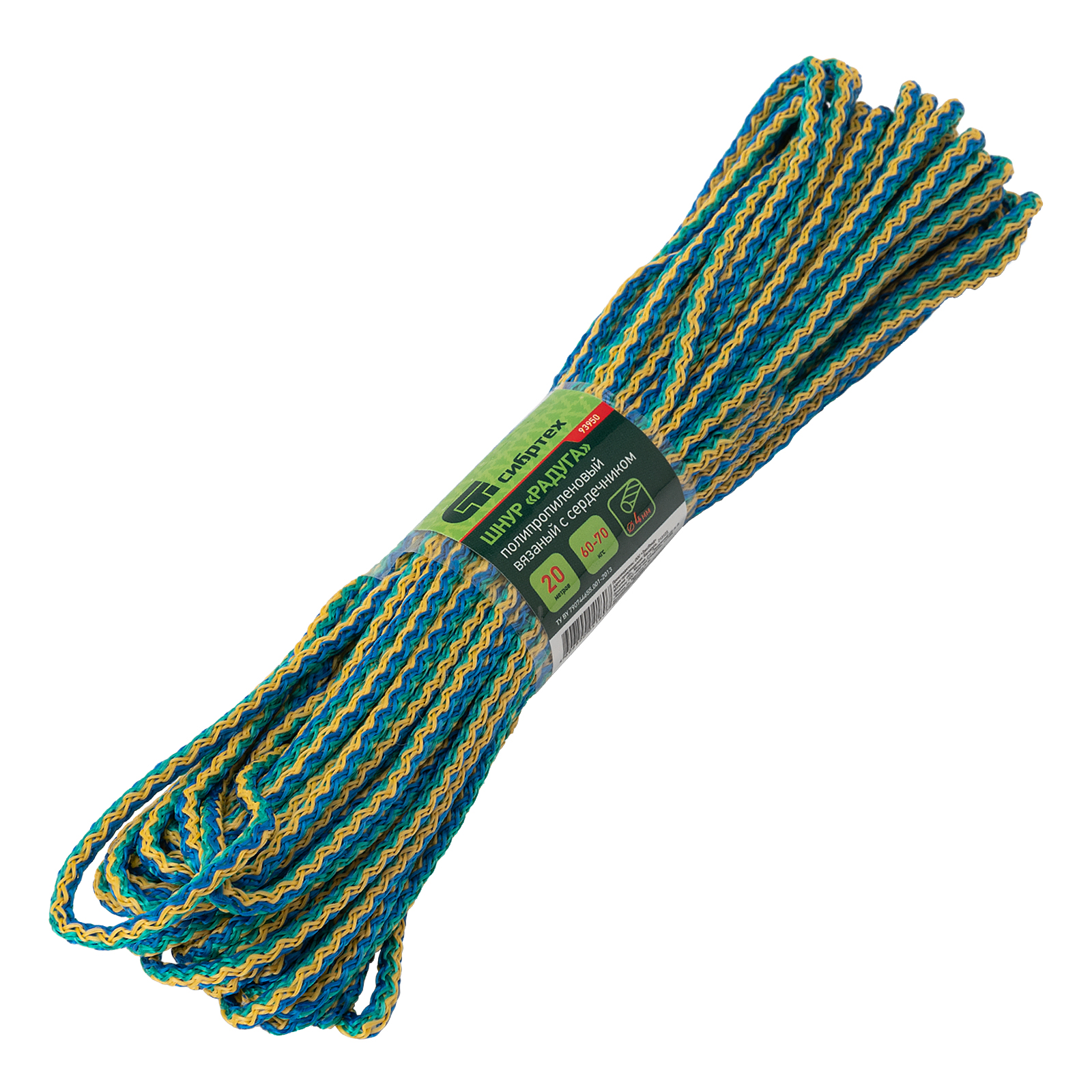 Шнур вязаный полипропиленовый с серд."Радуга", 4 мм, L 20 м, Сибртех (93950)