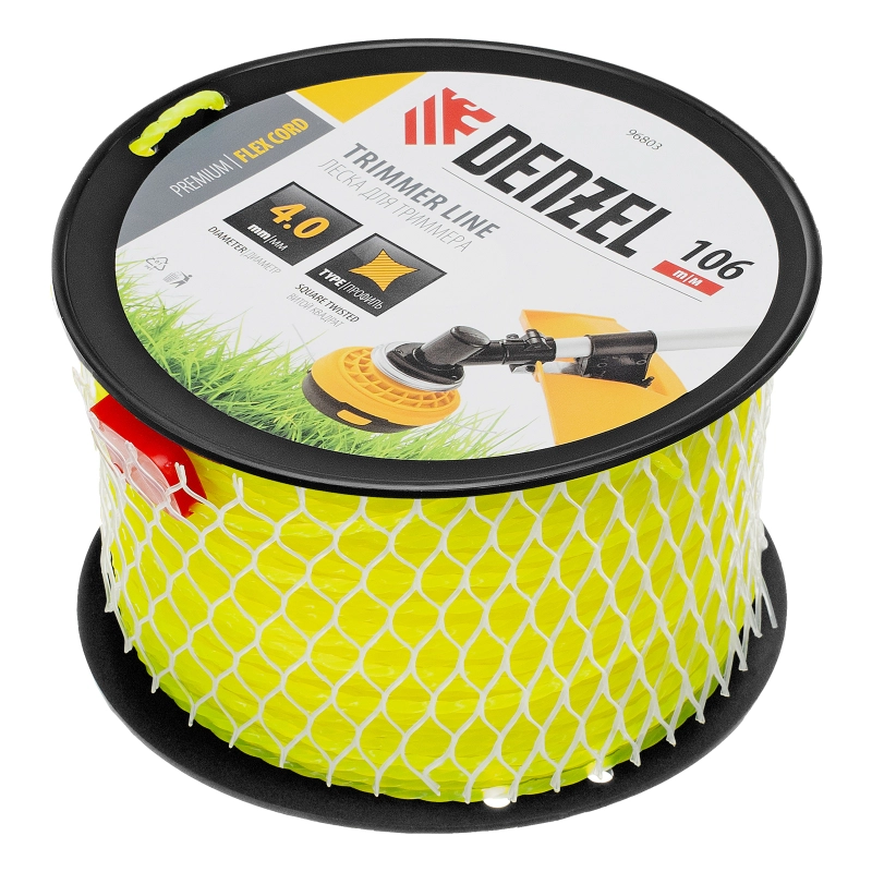 Леска для триммера витой квадрат, 4,0мм х 106м, на DIN катушке FLEX CORD Denzel (96803)