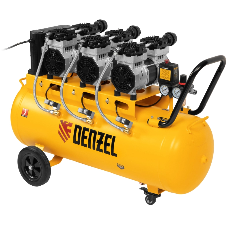 Компрессор безмасляный, малошумный  DLS 2250/100, 2250 Вт, 3x750, 100 л, 410 л/мин блок управления/ Denzel (58029)