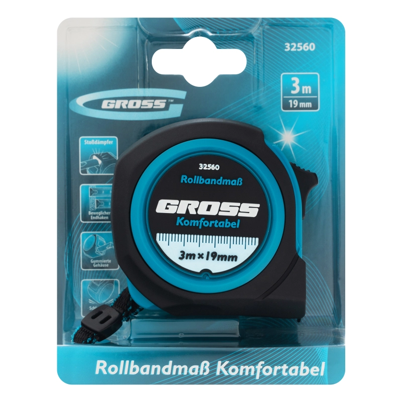 Рулетка Komfortabel 3 м х 19 мм,обрезиненный корпус Gross (32560)