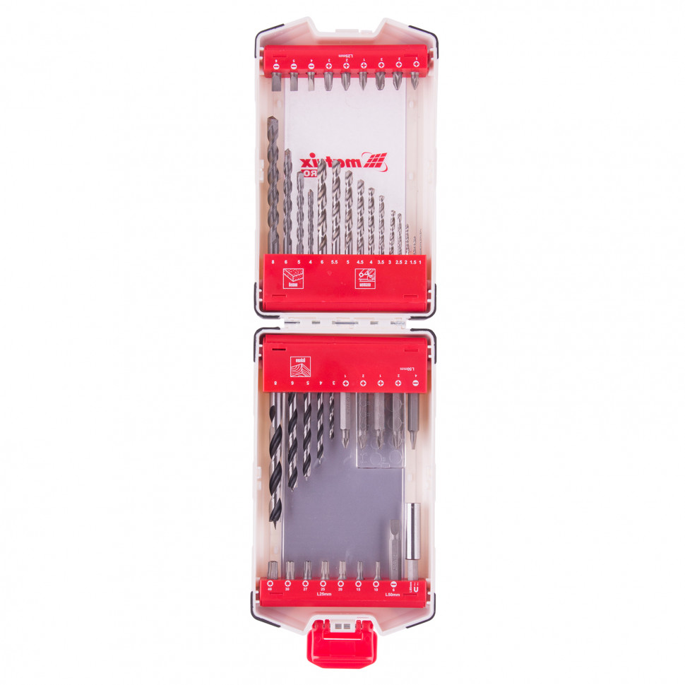 Набор сверл комбинированный, сверла по металлу 1-6 мм, бетону 4-8 мм, дереву 3-8 мм, биты 22 шт, адаптер, 44 предмета, Pro Matrix (725644)