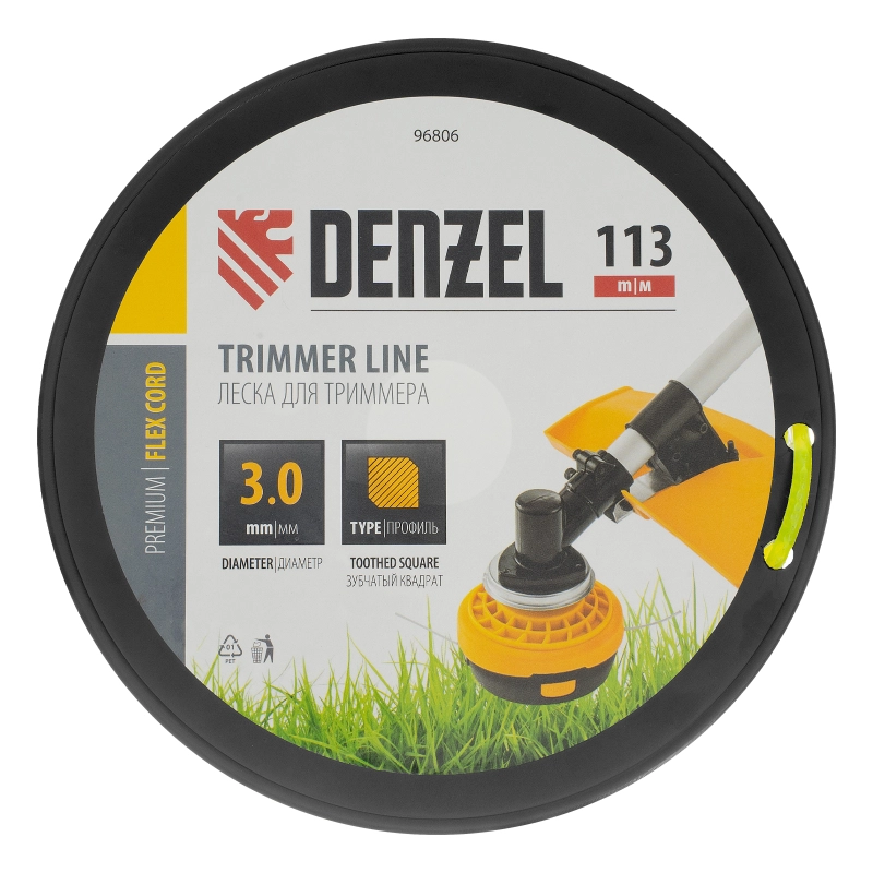 Леска для триммера зубчатый квадрат, 3,0мм х 113м, на DIN катушке FLEX CORD Denzel (96806)