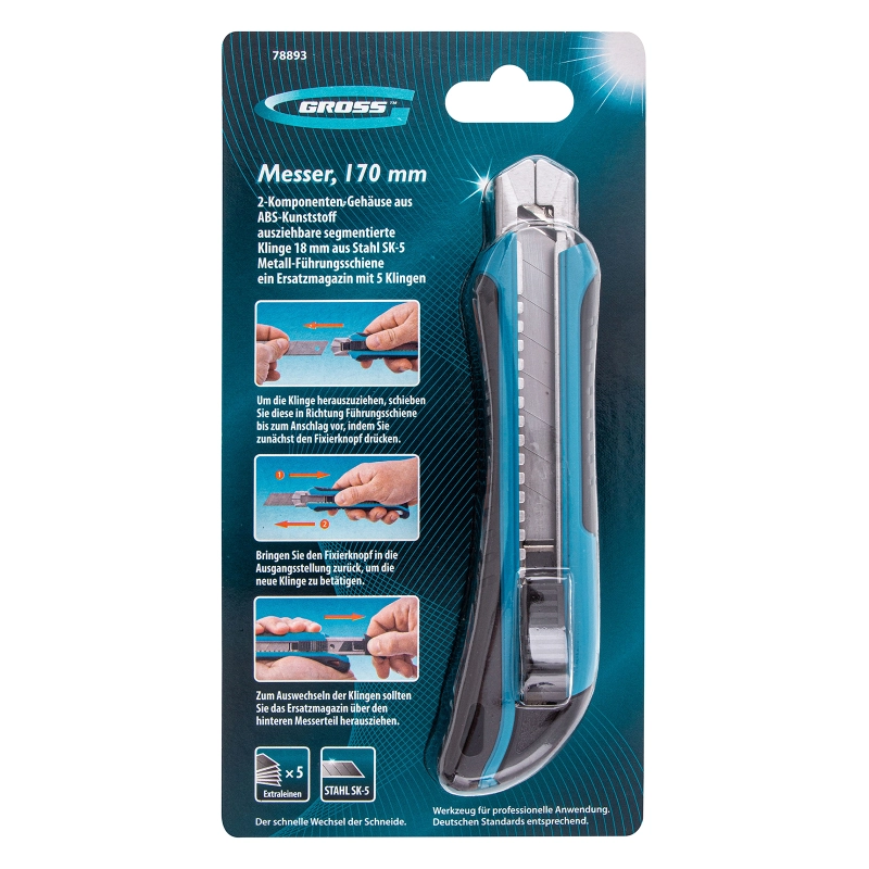 Нож, 170 мм, обрезиненный ABS-корпус, выдвижное сегментное лезвие 18 мм (SK-5) металлическая направляющая, 5 запасных лезвий Gross (78893)