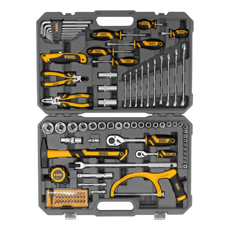 Набор инструментов, 1/2", 1/4", CrV, S2, пластиковый кейс, 100 предметов Denzel (15803)