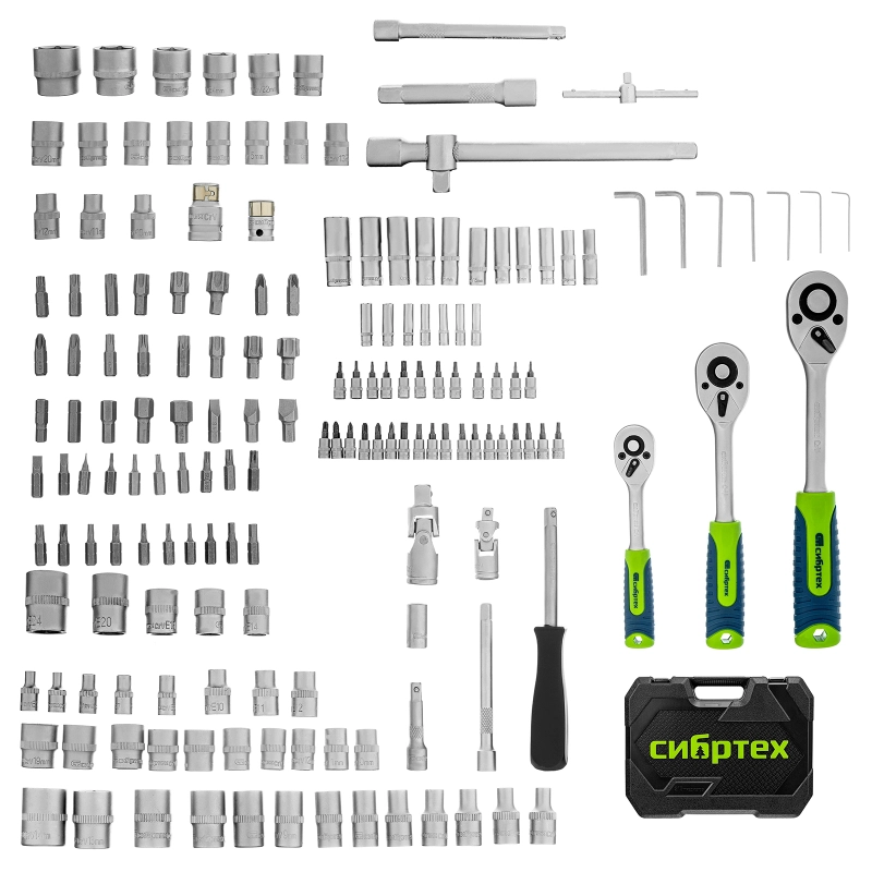 Набор инструментов, 1/2", 3/8", 1/4", пластиковый кейс 172 предм. Сибртех (14171)
