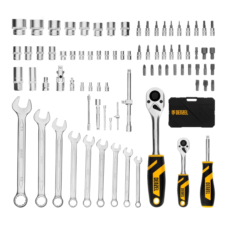 Набор инструментов, 1/2", 1/4", CrV, S2, пластиковый кейс, 82 предмета Denzel (15809)